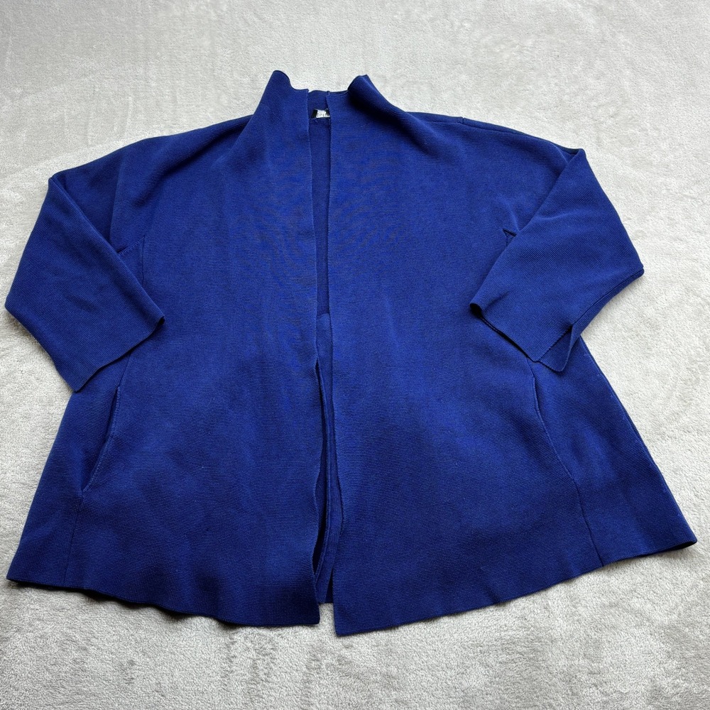 Eileen Fisher Cardigan Womens L Pet Blue Open Front Funnel Neck Back Vent Pocket